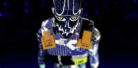 _ganry, from the video game Marathon, an abstract human robot with blue skin and white markings