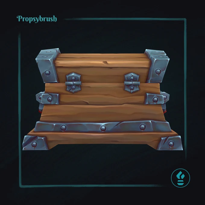 A stylized rustic wooden chest with metal fittings, viewed from behind, on dark background.