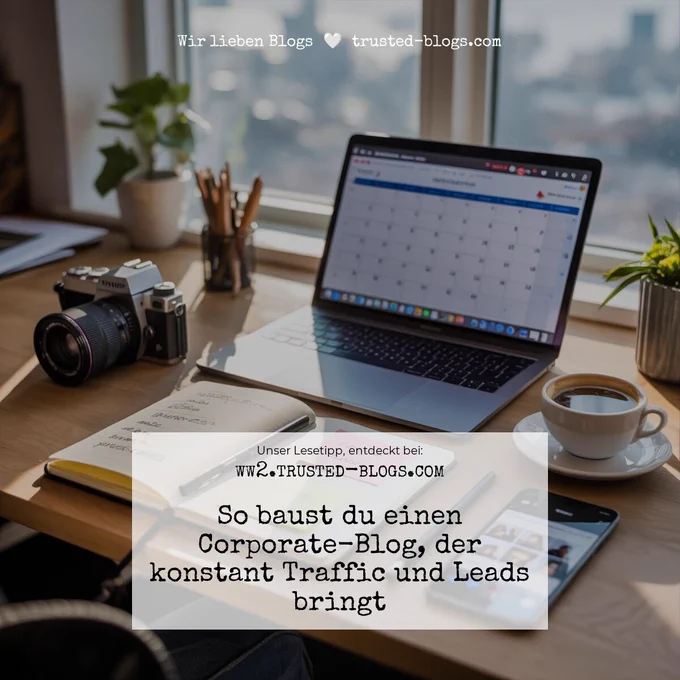 Professioneller Schreibtisch mit Laptop und Notizen zum Aufbau eines Corporate-Blogs mit Content-Strategie und Redaktionsplan