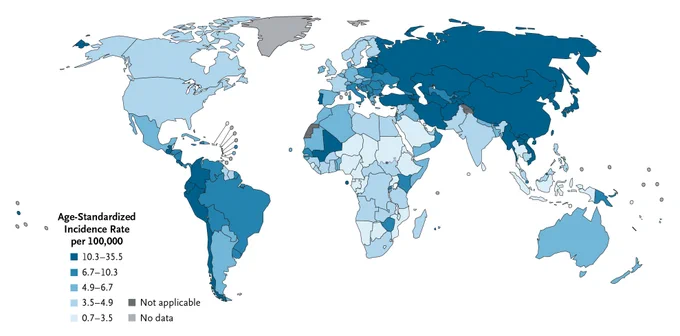 A map showing age-standardized incidence rates of gastric cancer among men and women in 2022 according to country.