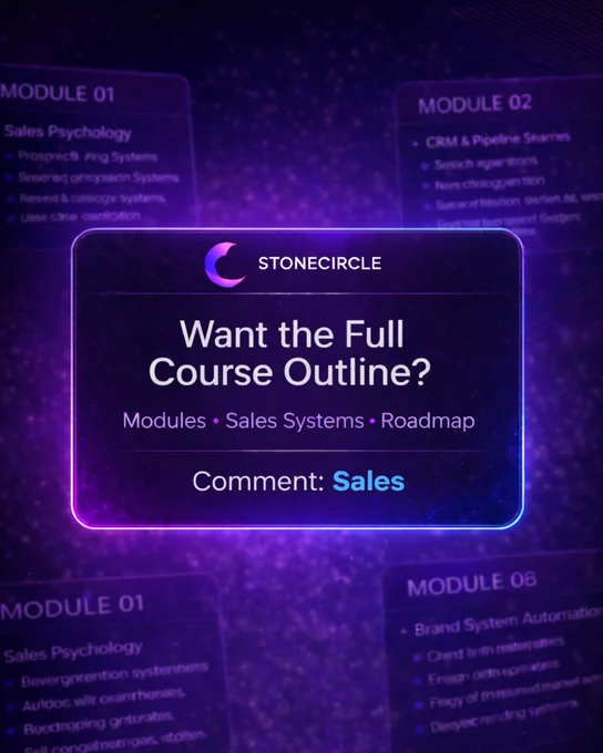 StoneCircle promotional graphic with glowing card saying “Want the Full Course Outline? Modules • Sales Systems • Roadmap — Comment Sales,” representing ai sales systems training and remote sales roadmap.