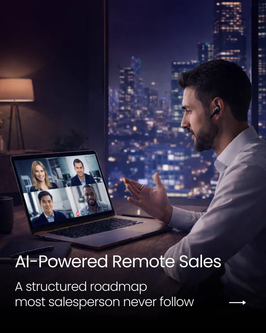 AI-powered remote sales scene showing a professional on a video call using a laptop, representing ai powered remote sales, virtual selling, and online client communication systems.