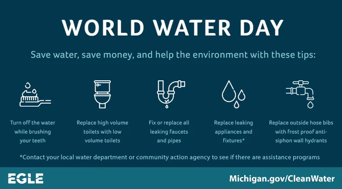 Image of toothbrush, toilet, pipe, water droplet, and faucet. Text says, 'Turn off the water while brushing teeth. Replace high volume toilets with low volume toilets. Fix or replace all leaking faucets. Replace leaking appliances and fixtures. Replace outside home bibs with frost proof antisiphon well hydrants. EGLE logo in corner.'