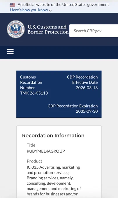 Ruby Media Group Inc. announces the recordation of the RUBYMEDIAGROUP® trademark with U.S. Customs and Border Protection (CBP), an agency within the Department of Homeland Security. Recordation authorizes CBP officers to detain and seize goods bearing infringing marks at U.S. ports of entry.