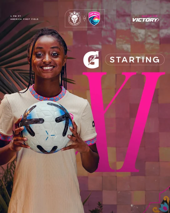 Slide 1 ALT text: Balboa Starting XI graphic featuring a photo of Laurina Fazer smiling and holding a ball. Pink and white text on the graphic reads: Gatorade Starting XI | 4 pm PT | America First Field | Wave FC vs. Utah Royals | Watch on: Victory 