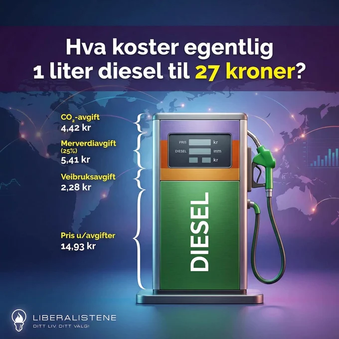 Prisen på diesel uten avgifter utgjør vanligvis rundt 30–40 % av pumpeprisen. Hvis dieselprisen på stasjonen er 27 kroner, betyr det at selve produktet koster ca. 8 til 11 kroner før marginer legges til. Når prisene stiger øker også momsen på toppen av det hele. 