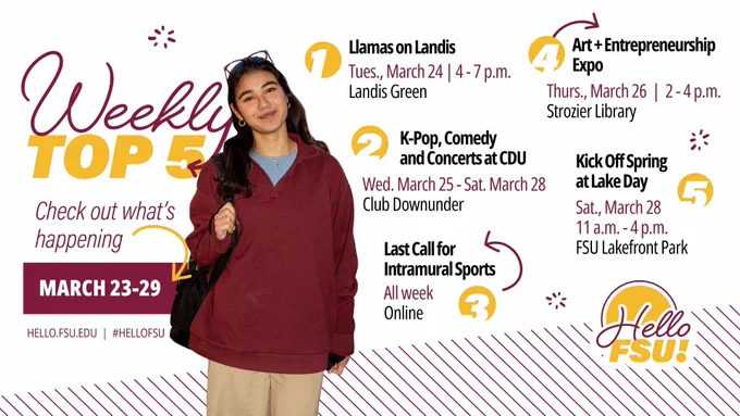 Poster titled 'Weekly Top 5' for events at FSU, March 23-29. Includes events: Llamas on Landis at Landis Green, K-Pop and Comedy at CDU, Last Call for Intramural Sports, Art & Entrepreneurship Expo at Strozier Library, and Kick Off Spring at Lake Day at FSU Lakefront Park. A person smiles while carrying a backpack. hello.fsu.edu website link included.