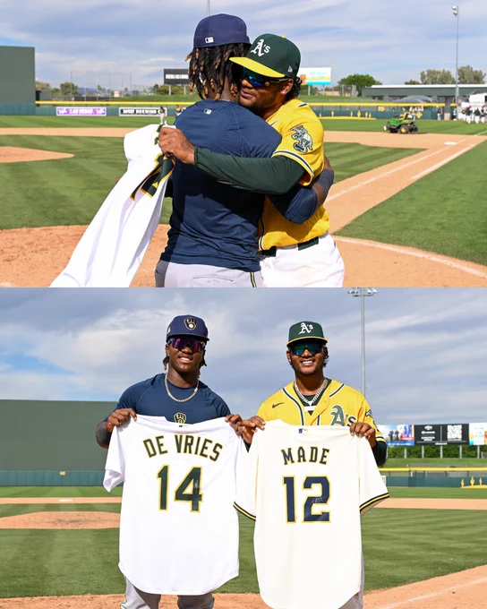 A split-image of Jesús Made and Leo De Vries. Made wears a navy shirt and navy Brewers cap, and De Vries wears a yellow A's jersey and green and yellow cap.
(Top) Jesús Made and Leo De Vries hug.
(Bottom) Jesús Made and Leo De Vries hold up their swapped jerseys.