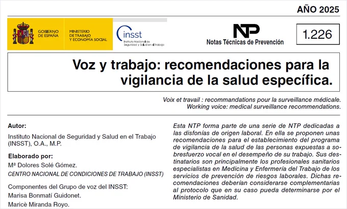 Portada de la NTP nº 1.226 del INSST, “Voz y trabajo: recomendaciones para la vigilancia de la salud específica”.
