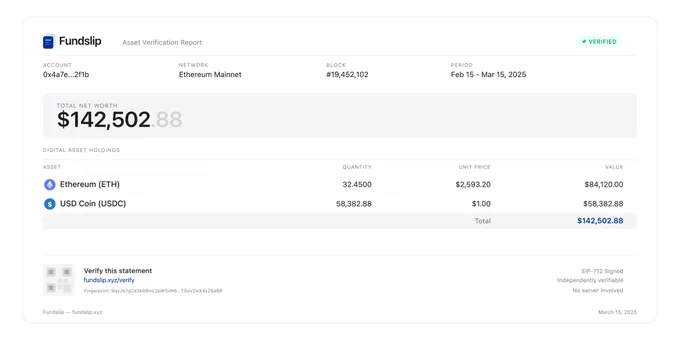 Fundslip verifiable financial statement from an Ethereum wallet