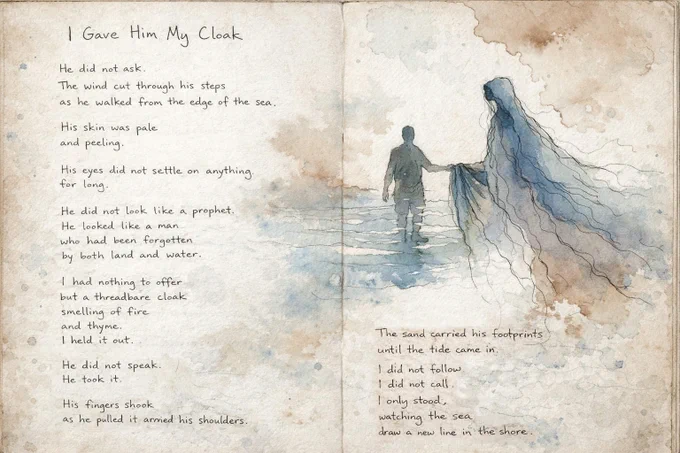 Hand-drawn journal-style illustration on a two-page spread: a cloaked, ghostlike figure stands at the shoreline offering a garment to a man walking out of the sea. Loose ink lines and soft blue-grey watercolour washes suggest waves and sky. Handwritten poem text fills the pages, describing the quiet exchange and the man’s departure as the tide erases his footprints.