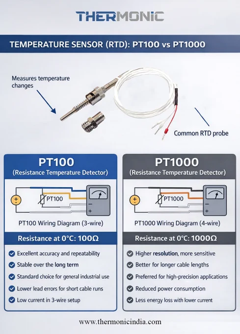 "Technical comparison infographic of PT100 and PT1000 RTD sensors showing wiring diagrams and resistance values by Thermonic Sensor and Control."