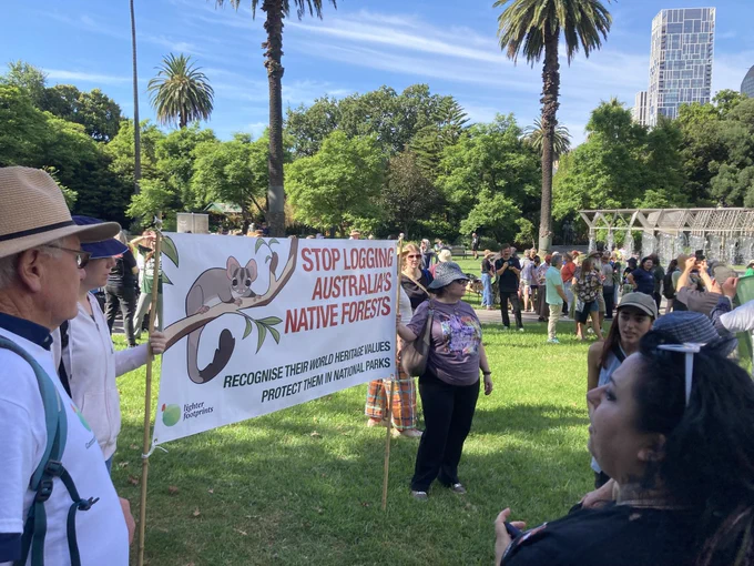 People holding a banner saying “stop logging Australia’s native forests”