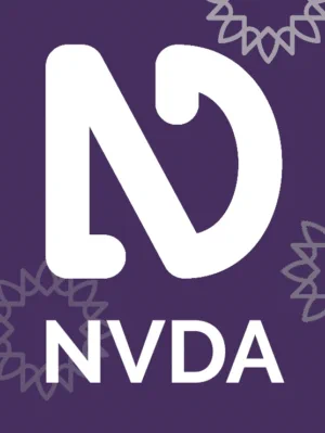NVDA logo and text in white on purple with grey sunbursts around edge