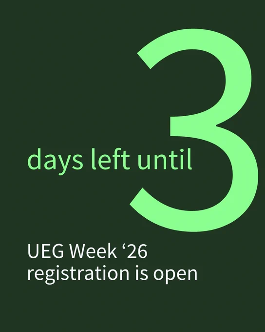 Ein dunkelgrüner Hintergrund mit der Zahl 3 in hellerem Grün und dem Text "days left until UEG Week '26 registration is open".