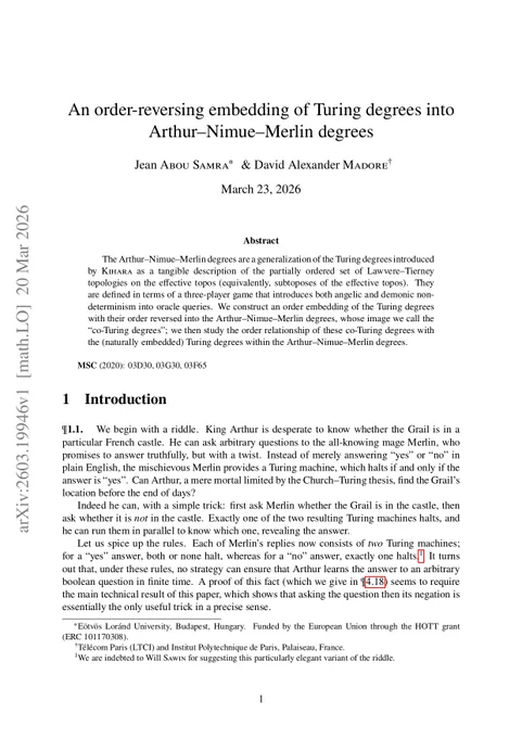 First page of the paper titled “An order-reversing embedding of Turing degrees into Arthur–Nimue–Merlin degrees” by Jean Abou Samra & David Alexander Madore, arXiv:2603.19946v1 [math.LO] 20 Mar 2026. Abstract reads as follows: «The Arthur–Nimue–Merlin degrees are a generalization of the Turing degrees introduced by Kihara as a tangible description of the partially ordered set of Lawvere–Tierney topologies on the effective topos (equivalently, subtoposes of the effective topos). They are defined in terms of a three-player game that introduces both angelic and demonic non-determinism into oracle queries. We construct an order embedding of the Turing degrees with their order reversed into the Arthur–Nimue–Merlin degrees, whose image we call the “co-Turing degrees”; we then study the order relationship of these co-Turing degrees with the (naturally embedded) Turing degrees within the Arthur–Nimue–Merlin degrees.»