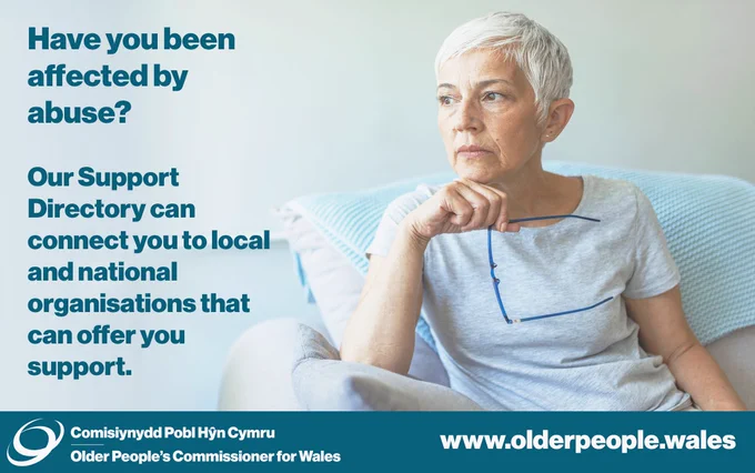 – Image of an older woman sat on a sofa, and looking to her right. On the left-hand side of the image, there is a block of text that reads: ‘have you been affected by abuse? Our Support Directory can connect you to local and national organisations that can offer you support. 