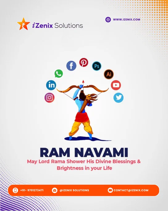 Celebrate the divine spirit of Ram Navami ✨
May Lord Rama bless your life with strength, success, and endless positivity. Let this auspicious day inspire new beginnings and brighter opportunities for you and your business. 🙏🚀

#RamNavami #JaiShriRam #FestiveVibes #IndianFestival #Blessings #DigitalGrowth #BusinessSuccess #SocialMediaMarketing #BrandGrowth #CreativeDesign #MarketingAgency #iZenixSolutions #FestivalPost #PositiveVibes #NewBeginnings