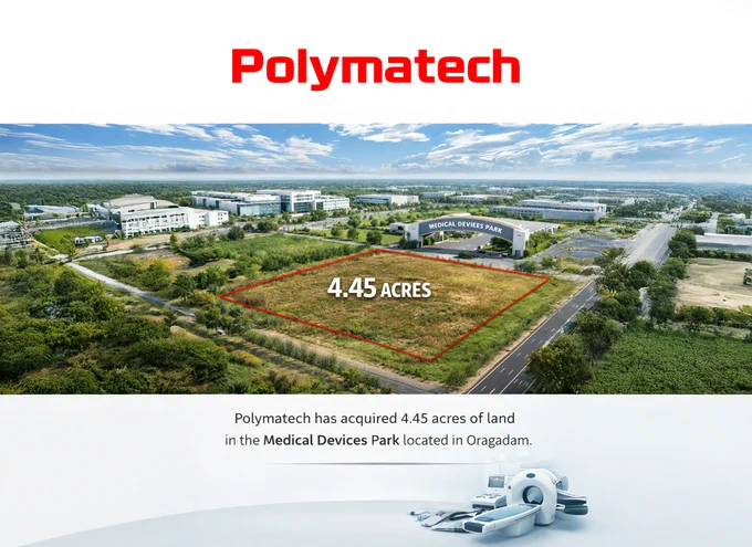 Aerial view of a marked 4.45-acre land parcel inside the Medical Devices Park in Oragadam, with surrounding industrial buildings and infrastructure. The image includes a headline stating Polymatech has acquired 4.45 acres of land, along with a visual of medical equipment at the bottom, indicating expansion into the medical devices sector.