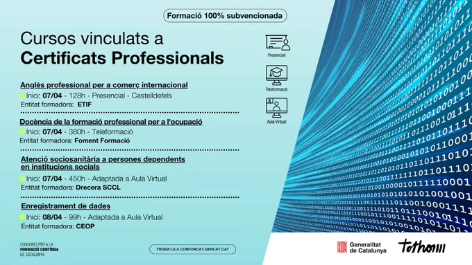 Llistat amb quatre cursos que comencen el 7 i 8 d'abril amb una Il·lustració de dades.