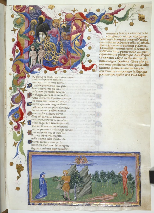 A page from an illuminated manuscript of Dante's Divine Comedy showing a historiated initial 'L'(a gloria) of Christ in a chariot with Evangelist symbols, and Adam and Eve; (below) miniature of Dante and Apollo before Parnassus.