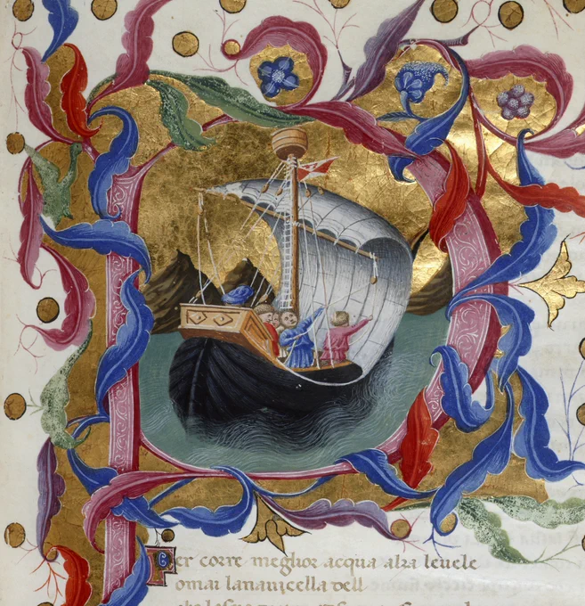 A detail from an illuminated manuscript of Dante's Divine Comedy showing a historiated initial 'P'(Per) of Dante setting sail for Purgatory.