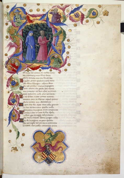 A page from an illuminated manuscript of Dante's Divine Comedy showing a historiated initial 'N'(el) of Dante and Virgil in a dark wood, with four half-length figures representing Justice, Power, Peace and Temperance; (below) arms of Alphonso V, king of Aragon, Naples, and Sicily.

