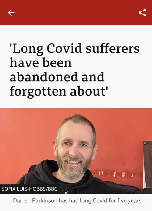 BBC News article 'Long Covid sufferers have been abandoned and forgotten about'. Photo of Darren smiling.