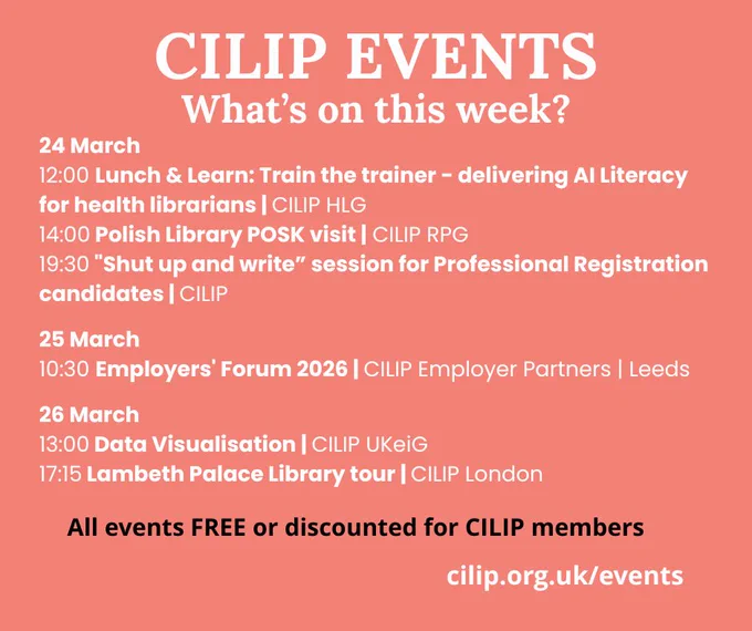 Schedule of CILIP events from March 24 to 26 including training, library visits, forums, and tours.