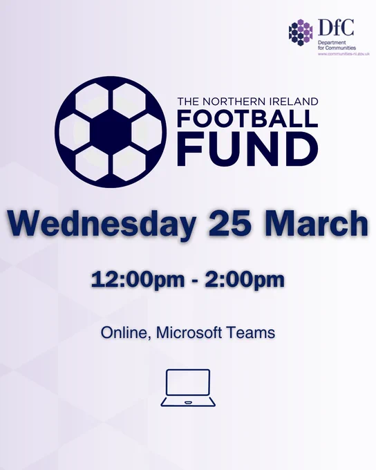 The Northern Ireland Football Fund information sessions graphic - 25 March.