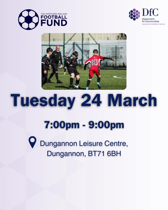 The Northern Ireland Football Fund information sessions graphic - 24 March.