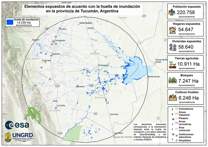 Impact map of Tucuman in Argentina following flood. The map uses Sentinel-1 data from 10 March to estimate flooded areas. 