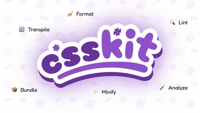 CSSkit logo surrounded by labels: Format, Lint, Transpile, Bundle, Minify, and Analyze.