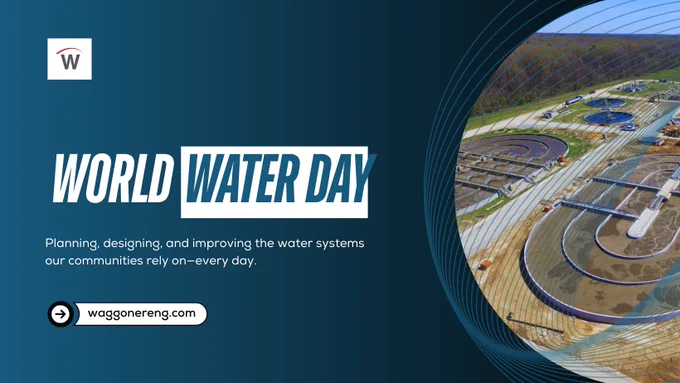 Graphic recognizing World Water Day from Waggoner with the headline “World Water Day.” An aerial image shows a wastewater treatment facility with circular clarifier basins and surrounding infrastructure, alongside text reading “Planning, designing, and improving the water systems our communities rely on every day,” and the Waggoner website.