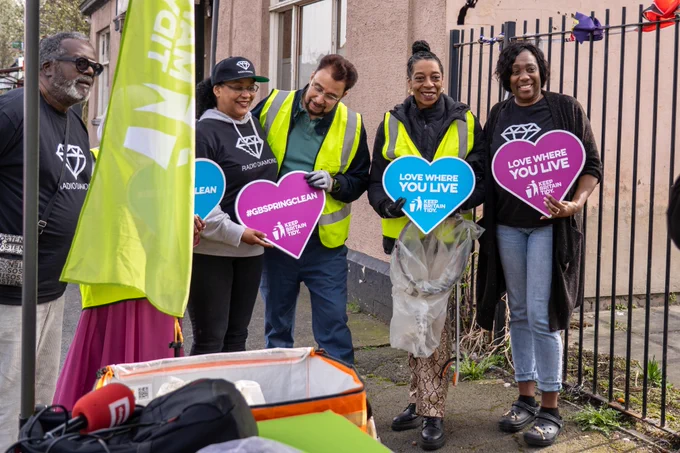 An image showing volunteers taking part in litter picking as part of the Great British Spring Clean campaign in South Manchester.
