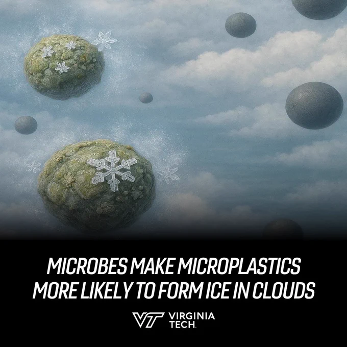 An illustration shows snowflakes forming in the sky. Text on screen reads: "microbes make microplastics more likely to form ice in clouds."