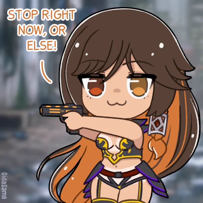 Chibi with a pistol in her hands saying: "Stop right now, or else!"