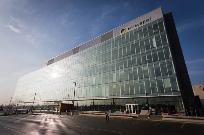 The exterior of a building with the Humber Polytechnic logo on it.
