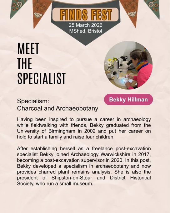A promotional flyer for "FINDS FEST" featuring Bekky Hillman for 25 March 2026 at M Shed, Bristol. A circular photo shows Bekky using a microscope in a laboratory setting. The text identifies her specialism as "Charcoal and Archaeobotany." The biography describes her journey from fieldwalking to becoming a post-excavation supervisor at Archaeology Warwickshire in 2020. It also mentions her role as president of the Shipston-on-Stour and District Historical Society.