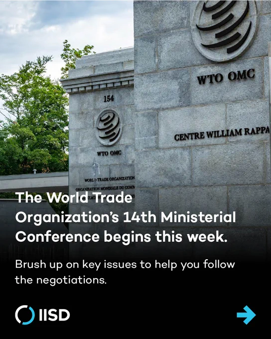 Brick fence outside the World Trade Organization headquarters. The WTO emblem is on the post of the fence. Text overlaid reads, "The World Trade Organization’s 14th Ministerial Conference begins this week. Brush up on key issues to help you follow the negotiations."