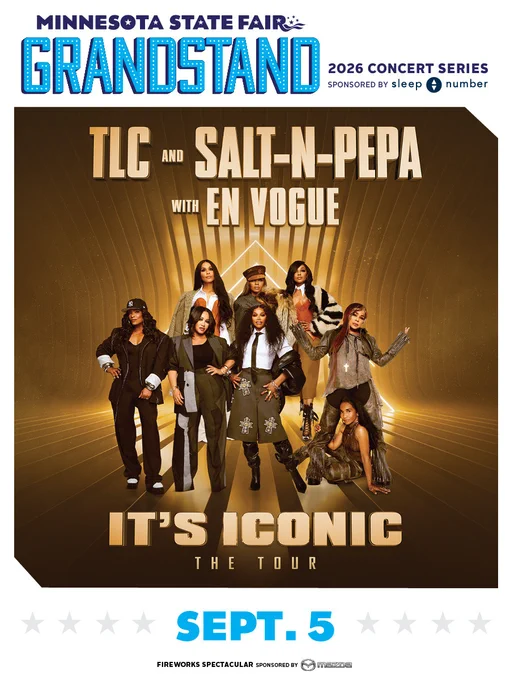 Concert poster for the Minnesota State Fair Grandstand featuring TLC, Salt-N-Pepa, and En Vogue for "It's Iconic: The Tour" on September 5th, 2026. Sponsored by Sleep Number. A gold-toned background shows the artists striking poses.
