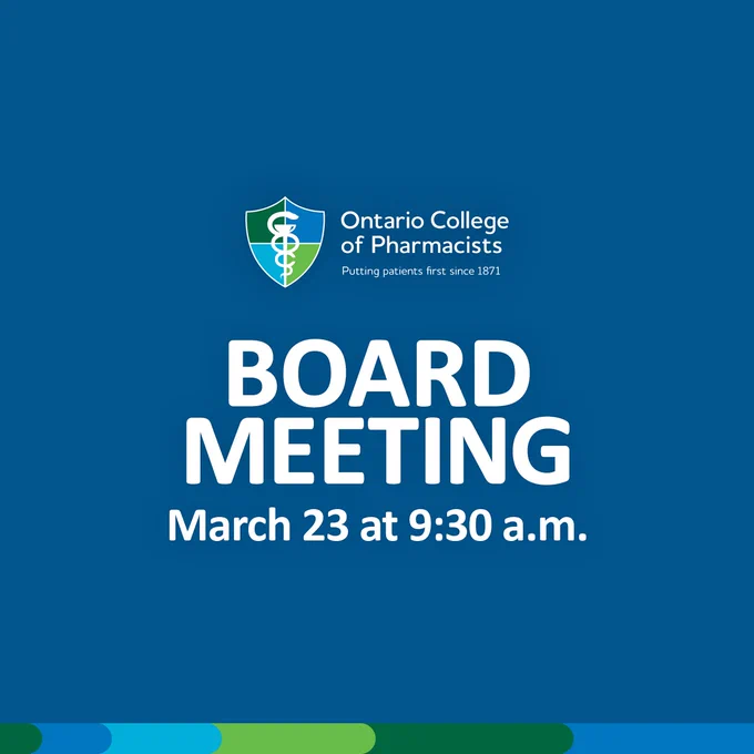College logo appears on a blue background. Text reads: Board Meeting. March 23 at 9:30 a.m. 