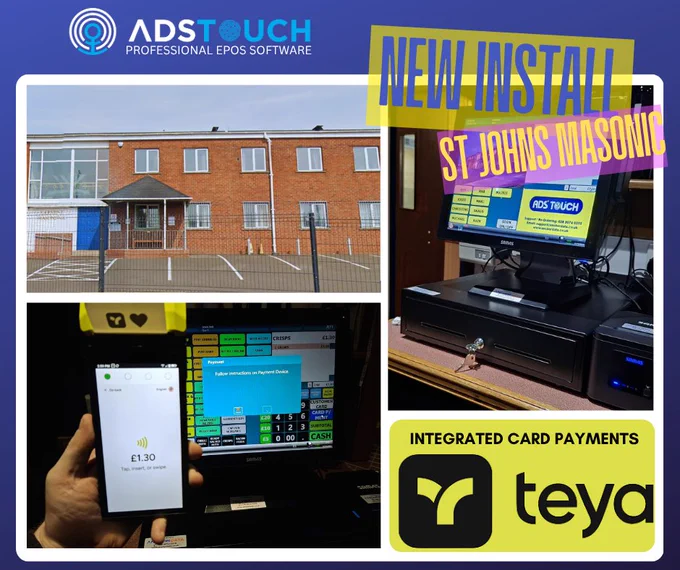 New Epos System install by Anchor Data Systems at St John's Masonic Club in Larne, with their new Teya Card Terminal integrated directly with the POS.