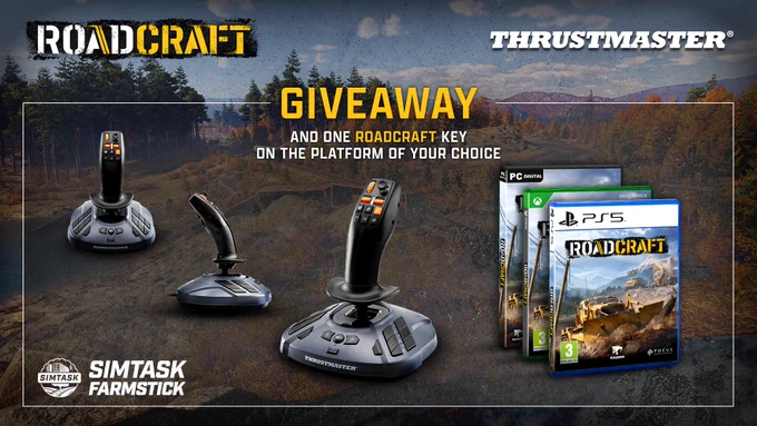 Thrustmaster joystick controllers displayed with Roadcraft game cases for PC, Xbox, and PS5 in a forested off-road setting.
