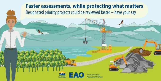 Cartoon infographic of an environmental construction site. A woman says in a speech bubble: "Faster assessments, while protecting what matters. Designated priority projects could be reviewed faster - have your say."