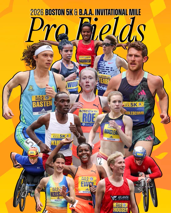 Graphic highlighting 13 members of the 2026 Boston 5K & B.A.A. Invitational Mile professional fields:
Gela Hambese, Melknat Wudu, Cooper Teare, Isaac Basten, Taylor Roe, Morgan Beadlescomb, Edwin Kurgat, Heather McLean, Eden Rainbow-Cooper, Krissy Gear, Dorcus Ewoi, Luke Houser, and Marcel Hug