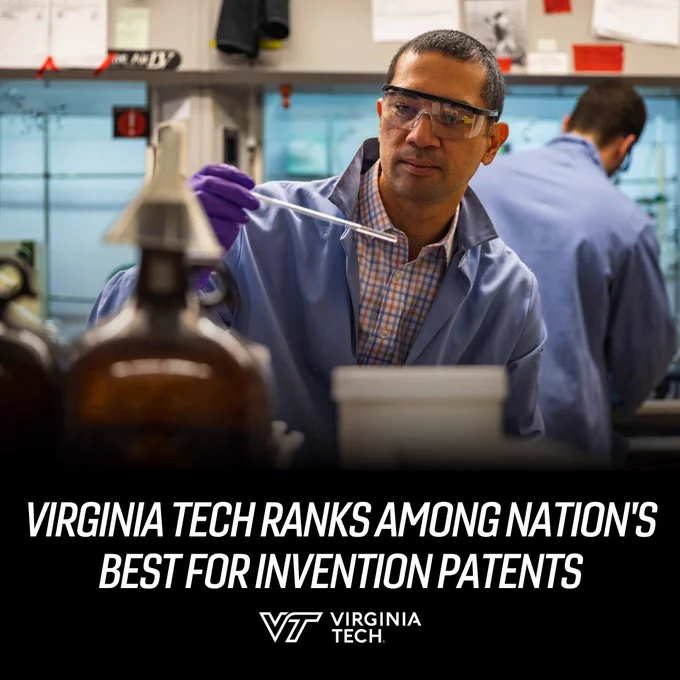 A photo of Webster Santos, who was one of numerous Virginia Tech faculty members who worked to achieve patents in 2025. Text reads "Virginia Tech ranks among nation's best for invention patents."