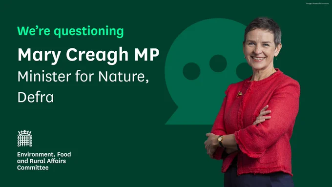 We're questioning Mary Creagh MP, Minister for Nature, Department for Environment, Food and Rural Affairs (Defra).
Environment, Food and Rural Affairs Committee.
Photo shows Mary Creagh MO, she is smiling and has short brown/grey hair, she has her arms crossed and is wearing a red suit jacked and blue trousers.