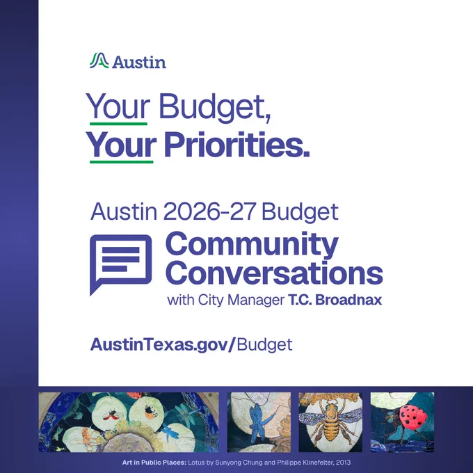 Your Budget, Your Priorities. Community Conversations with Austin City Manager T.C. Broadnax. www.AustinTexas.gov/Budget