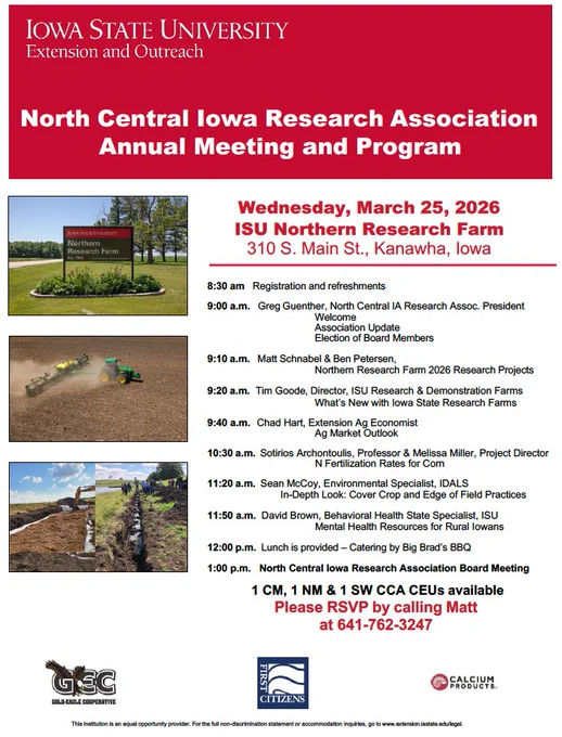 Flyer for the North Central Iowa Research Association annual meeting on March 25 starting at 9 a.m. a the northern research farm, located at 310 S. Main St. In Kanawha.  